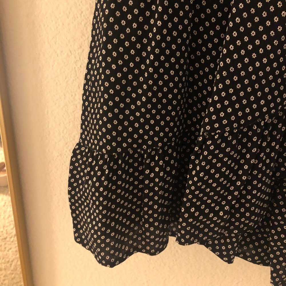 black and white floral faux wrap dress